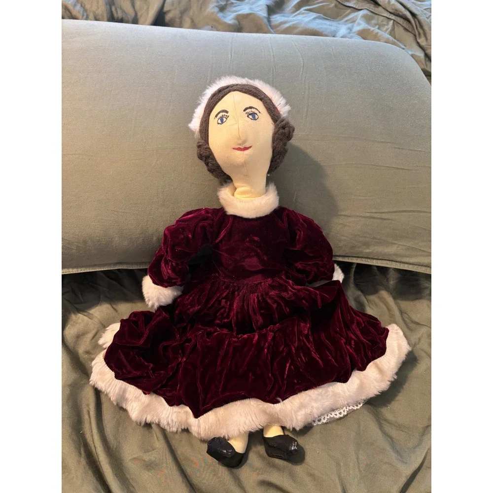 Vintage Handmade Victorian Doll Burgundy Velvet Faux Fur Dress Folk Art 18 Inch